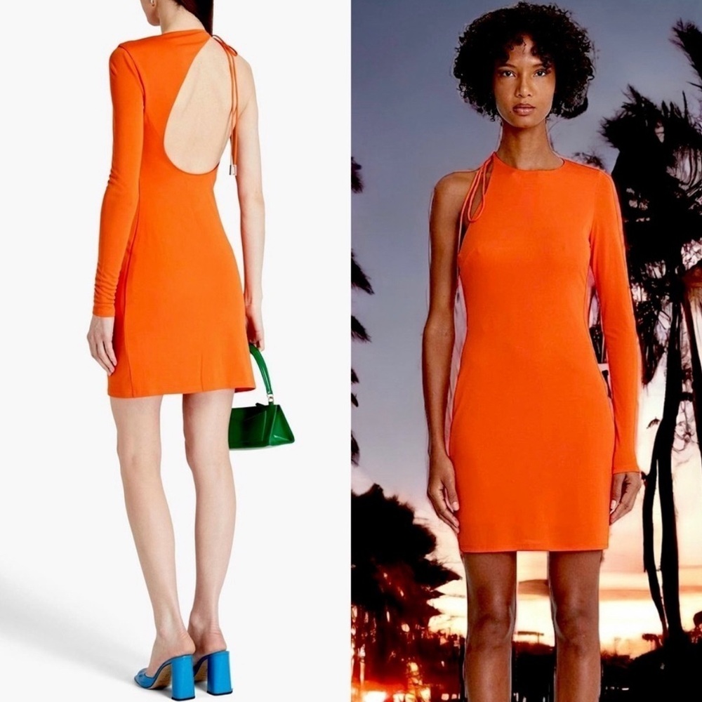 NWT HALSTON 70s One Shoulder Long Sleeve Asymmetric Back Cutout Tie Neck Dress 8